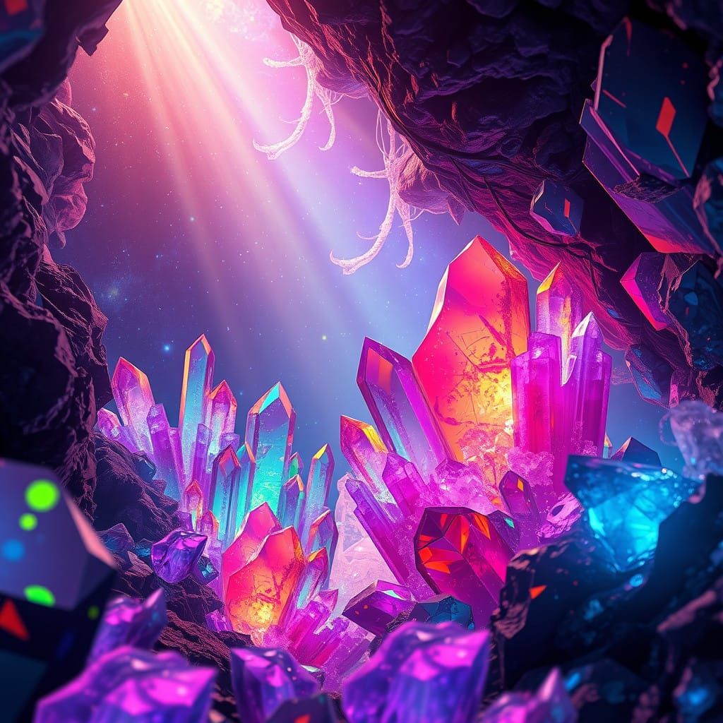 Hyperrealistic Rainbow Crystal Cave in Futuristic Style