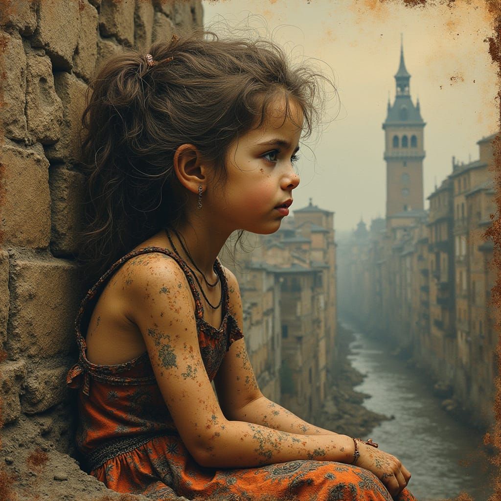 Child Portrait in Ruined City on Aged Parchment
