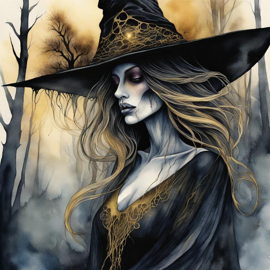Surreal Eerie Witch in Dead Forest, Watercolor