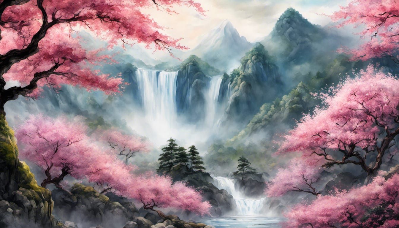 Sakura Trees and Waterfall: Watercolor and Ink Painting
