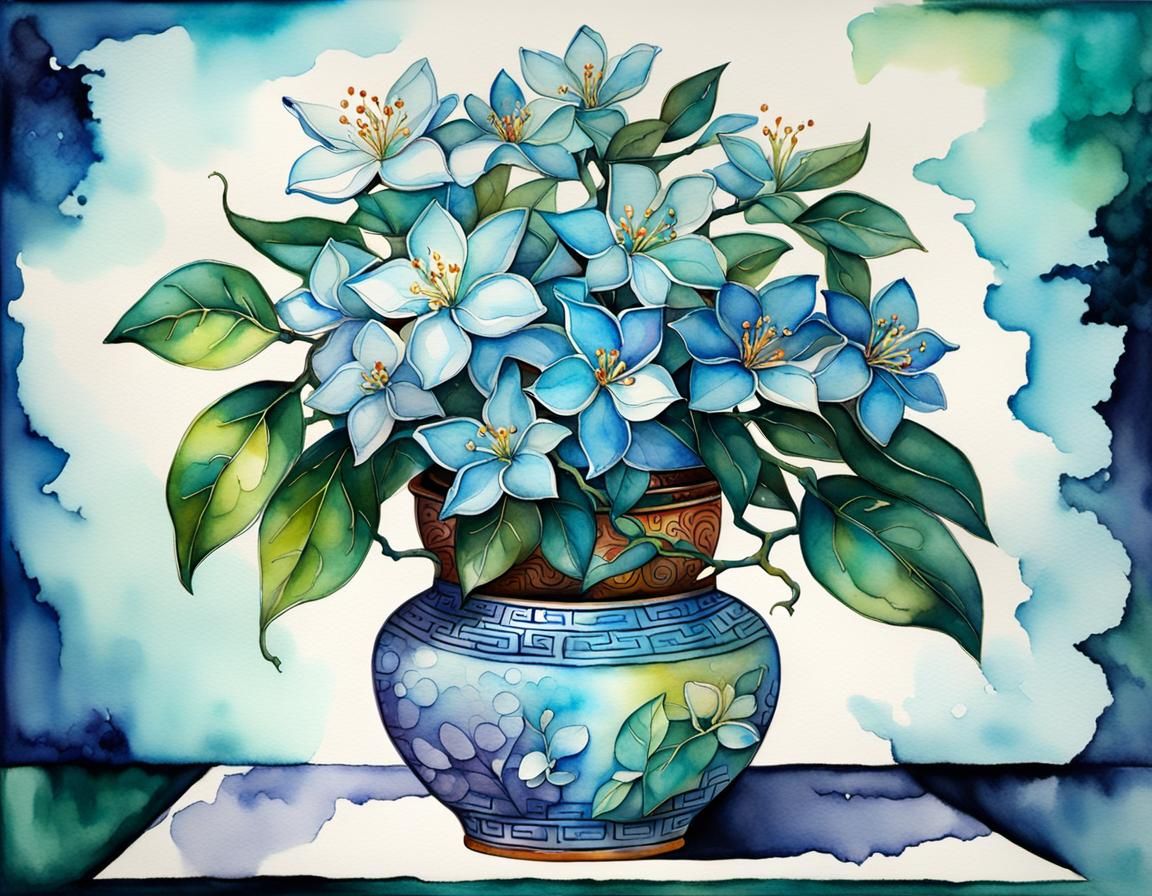 Jasmine in Vase with Watercolor and Ink Splashes