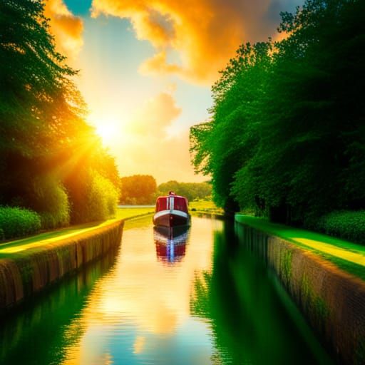 Narrowboat on an English Canal in Sunshine