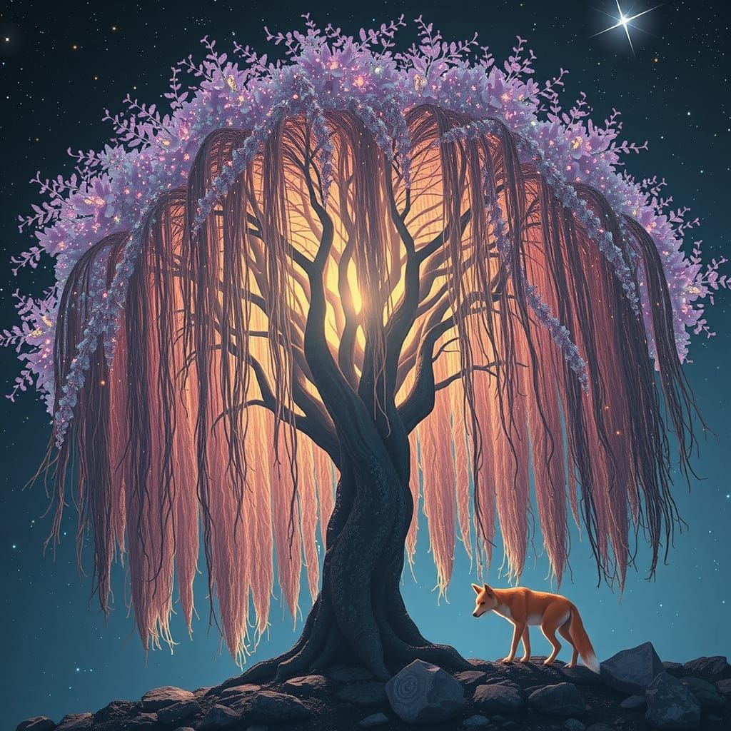 Celestial Willow Tree of Stardust: A Surreal Vision