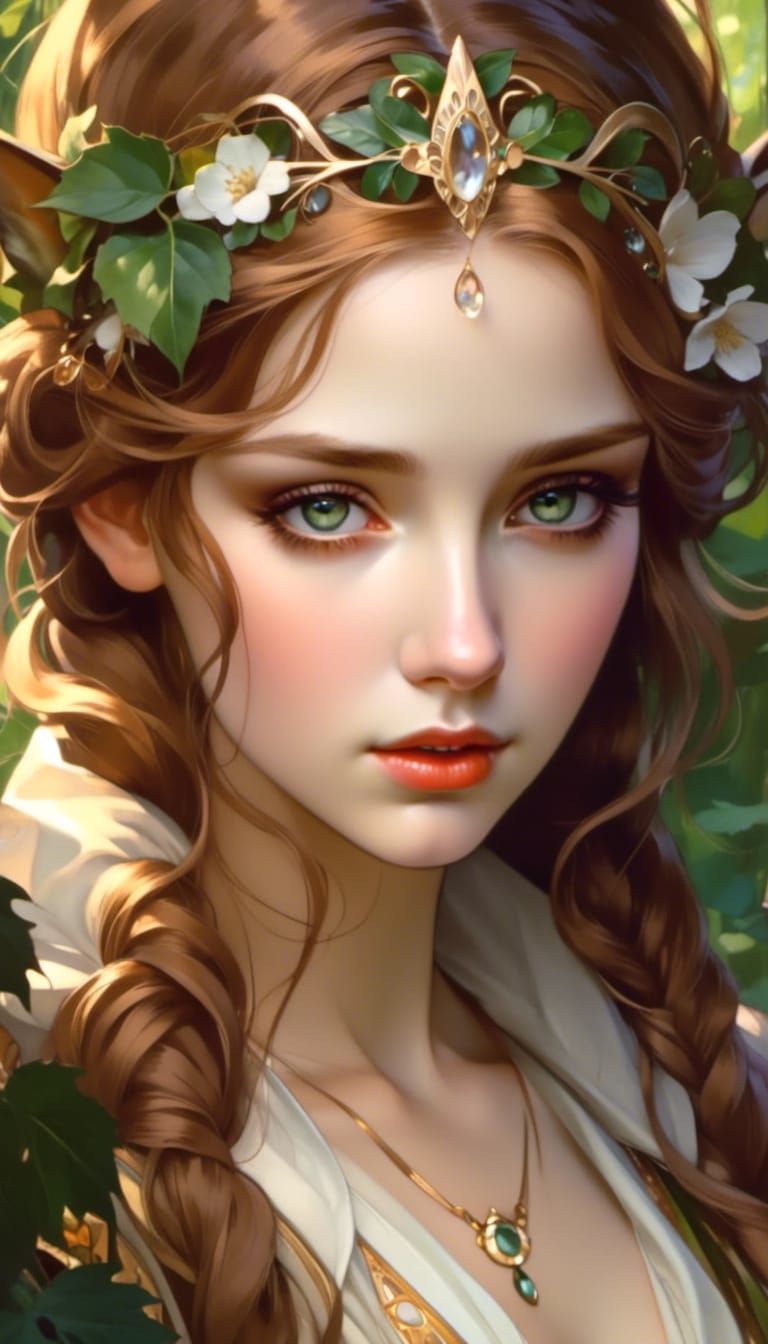 Art Nouveau Elf Maiden Portrait in Forest