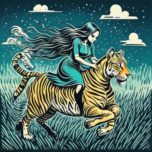 Ethereal Whimsy: A Girl Rides a Jumping Tiger in a Dreamy La...