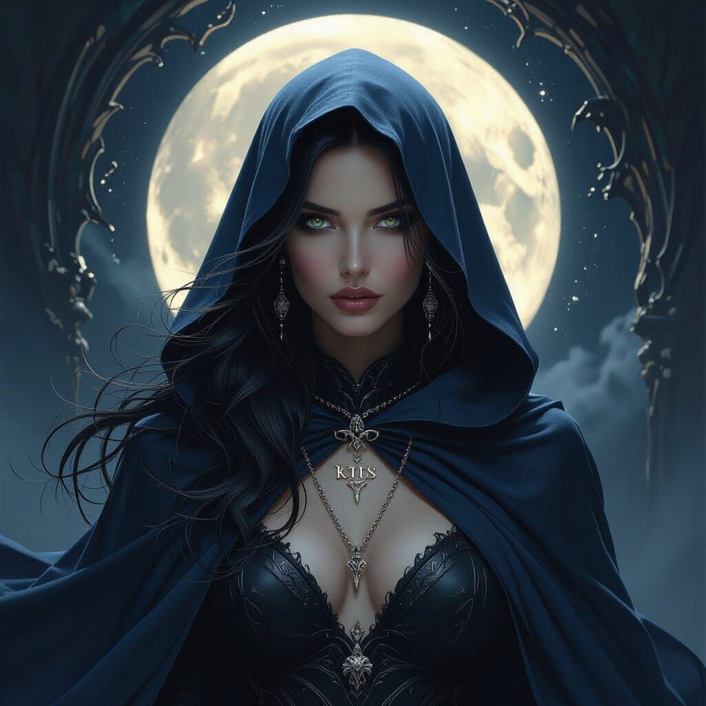 Dark Moon Goddess in Flowing Cloak with Silver Necklace