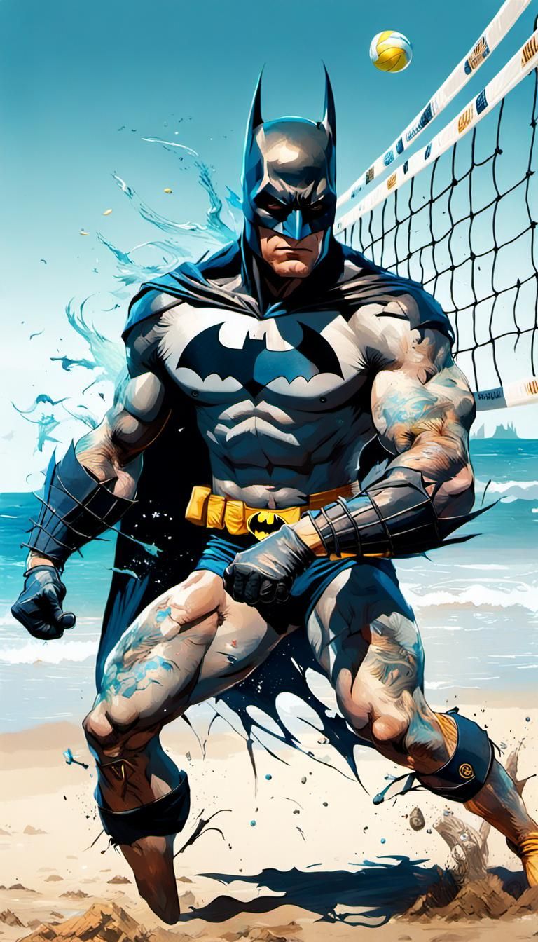 Batman on holiday playing beach volleyball ...