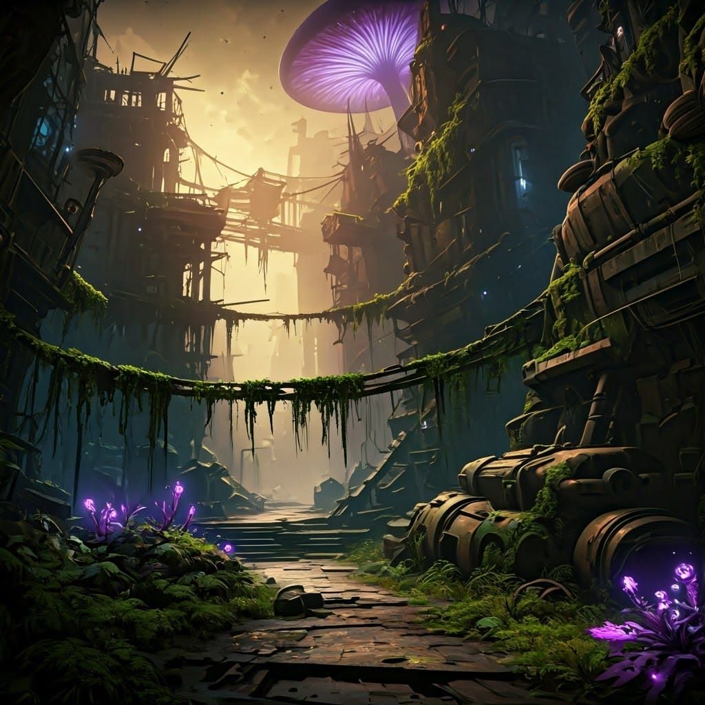 Dark Post-Apocalyptic Cityscape with Twisted Vines and Glowi...