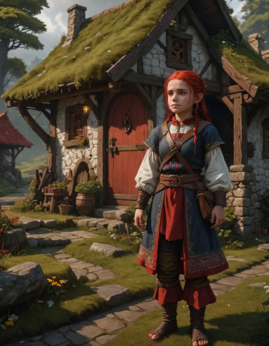 Fantastical Slavic-Inspired Halfling Maiden in a Vibrant Whi...