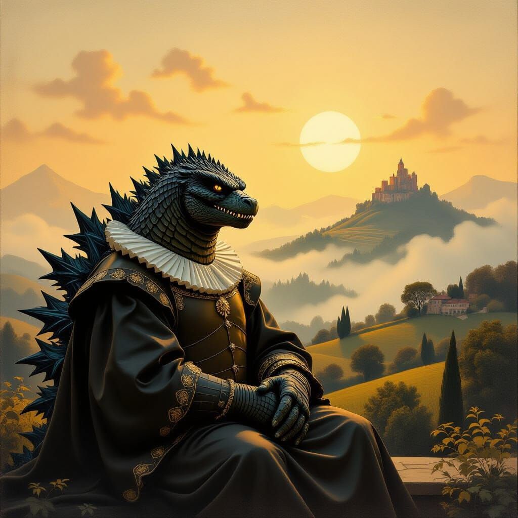 Godzilla as Renaissance Noble, Oil Painting Style