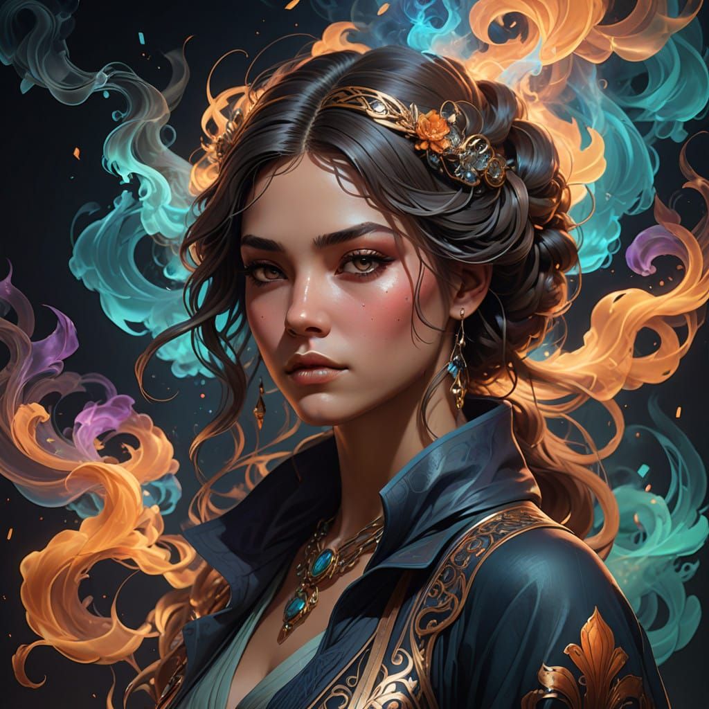 Soulful Art Nouveau Goddess in Ethereal Smoke