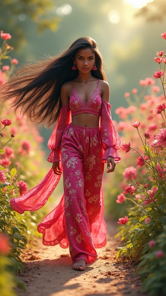 Serene Indian Girl in Floral Outfit, Fantasy Art