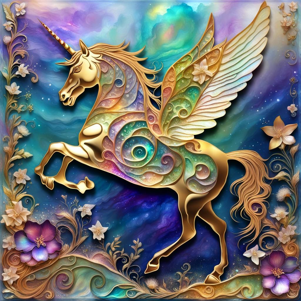 Iridescent Unicorn with Gold Outlines in 3D