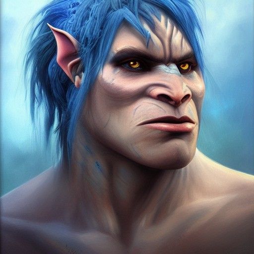Handsome Blue-Haired Orc Barbarian Oil Painting