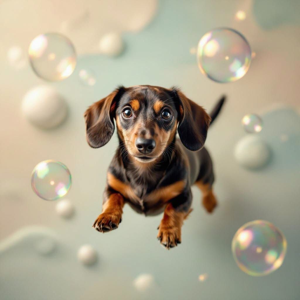 Photorealistic Dachshund Hovers in Airy Pastel Dreamscape