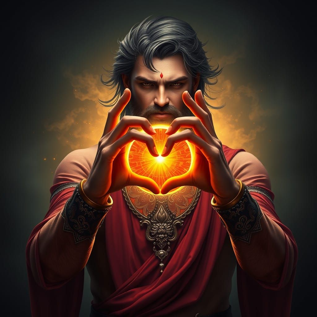 Man Holds Radiant Heart-Shaped Sun with Both Hands