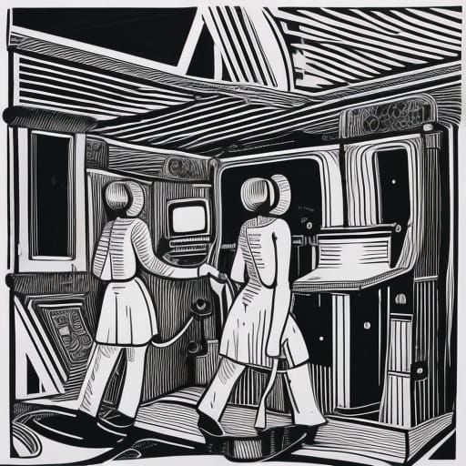 Activists Inside Arcade Machine: Mondrian Linocut