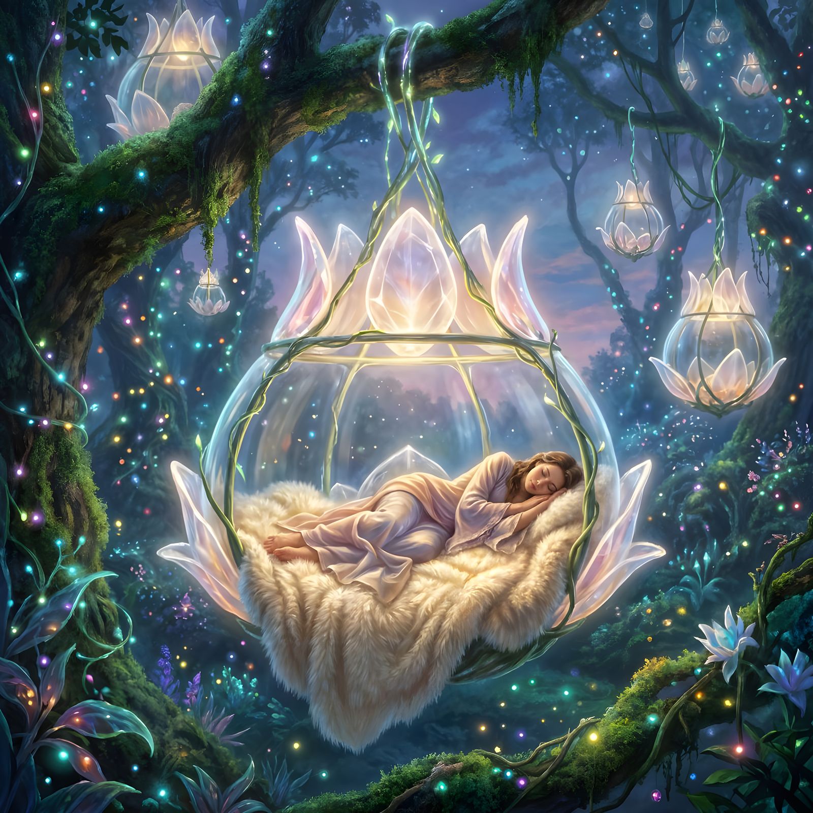 Woman Sleeping in Crystal Tulip Pod at Alien Hotel