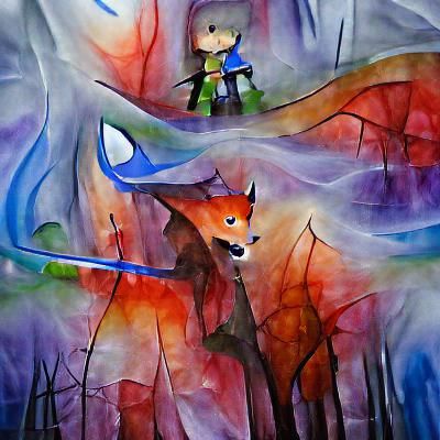 Archer and Fox in Haunted Woods, Abstract Watercolor