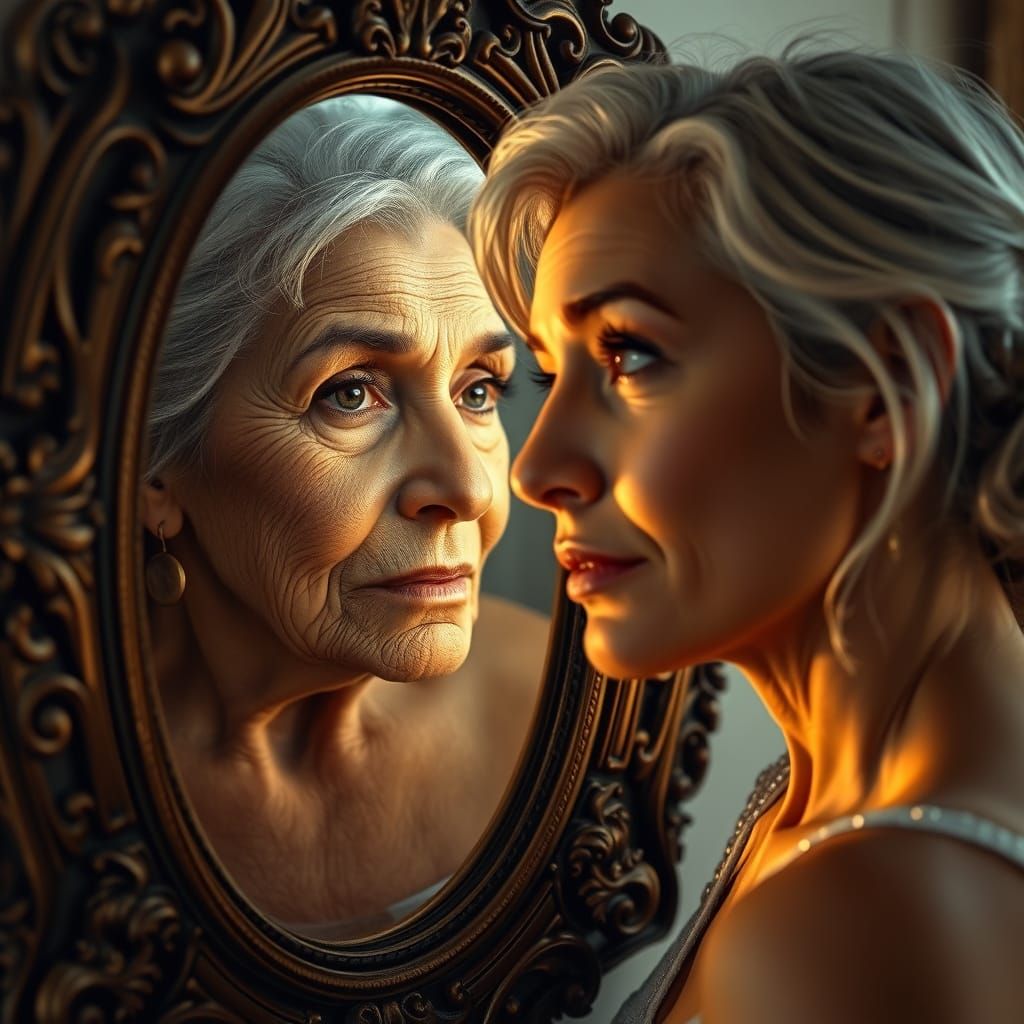 Ethereal Portrait of a Woman Contemplating Time and Wisdom