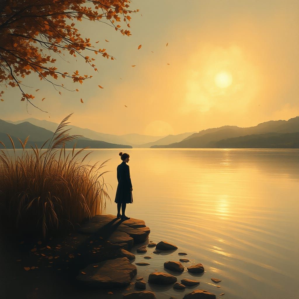 Lone Figure at Lake in Romantic Landscape