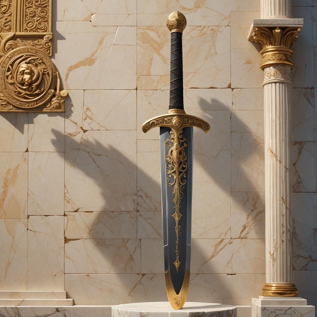 Ornate Ancient Greek Sword on Marble Pedestal