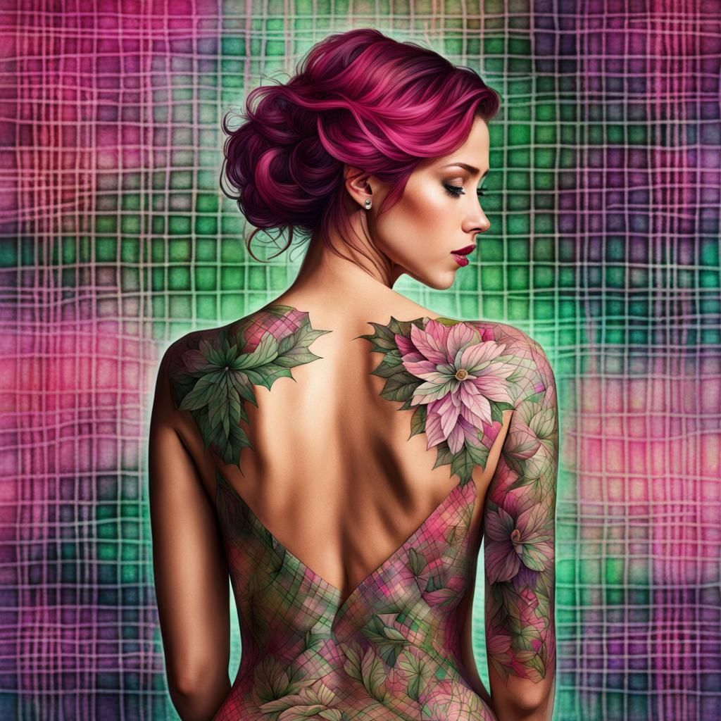 Plaid Tattooed Woman in Watercolor Punk Style