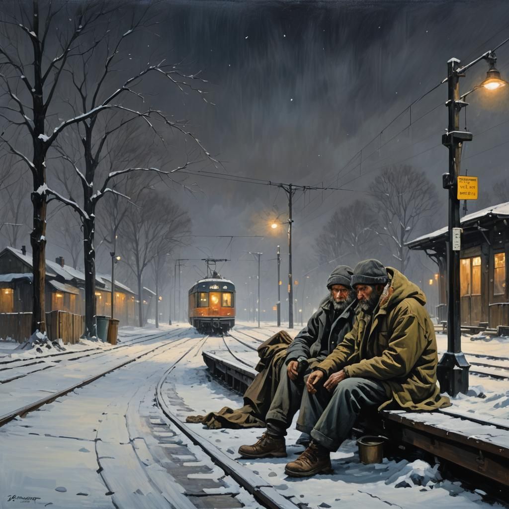 Winter Night: Homeless Men on Abandoned Platform