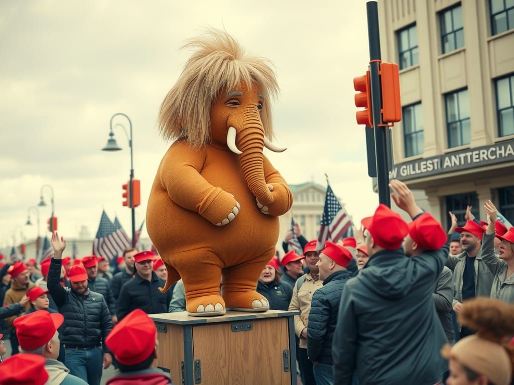 Orange Elephant with Blonde Toupee Addresses Crowd