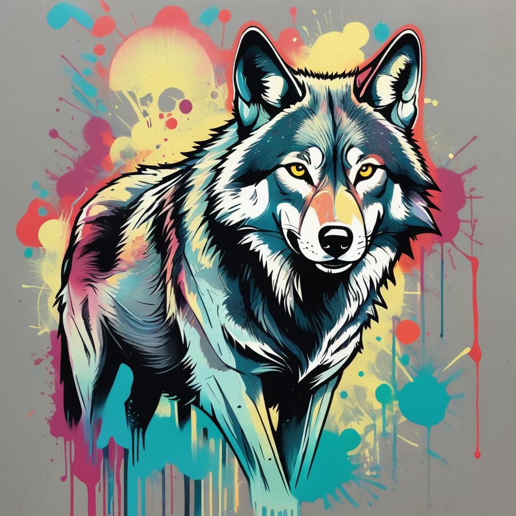 Wolf Graphic Screen Print With Graffiti Style