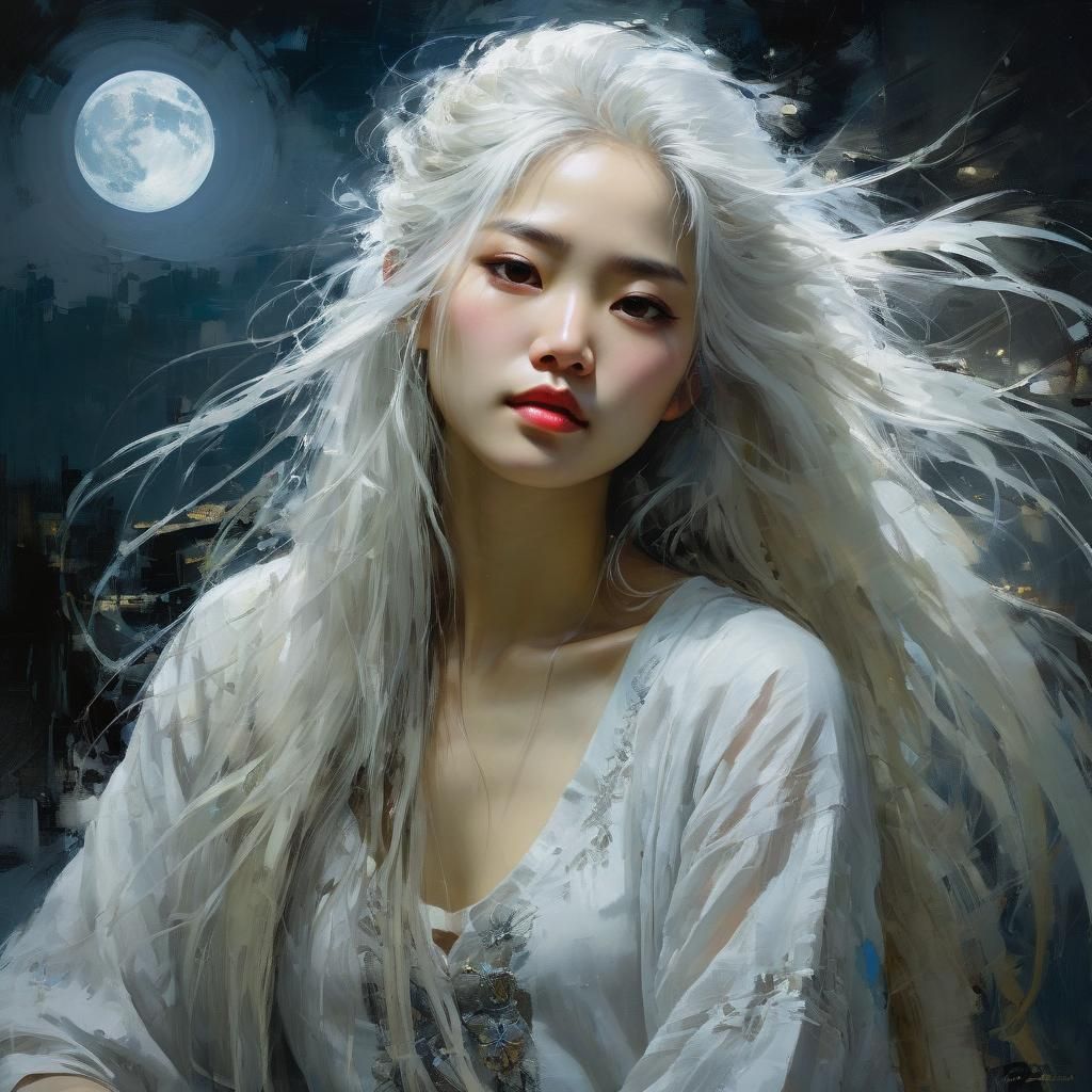 Asian Woman Portrait in Moonlight, Fine Art