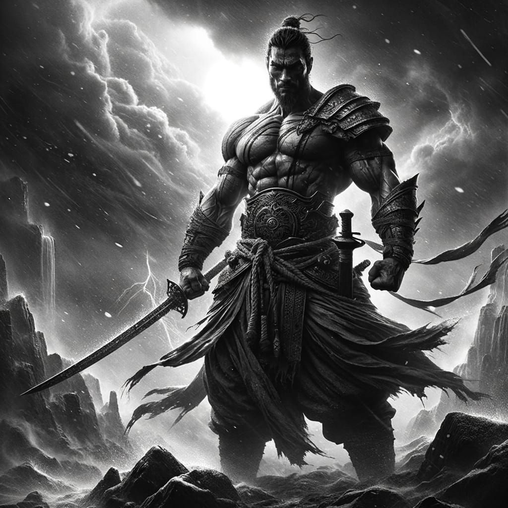 Powerful Warrior in a Stormy Landscape