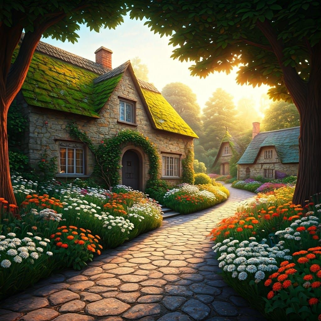 Serene Fairytale Country House Amidst Lush, Vibrant Wildflow...