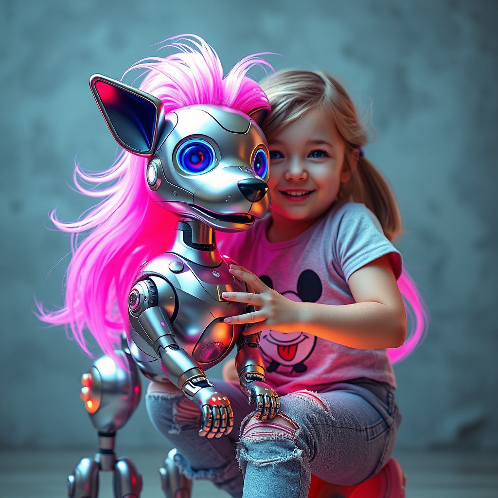 A little girl plays  with a futuristic robot  dog with long ...
