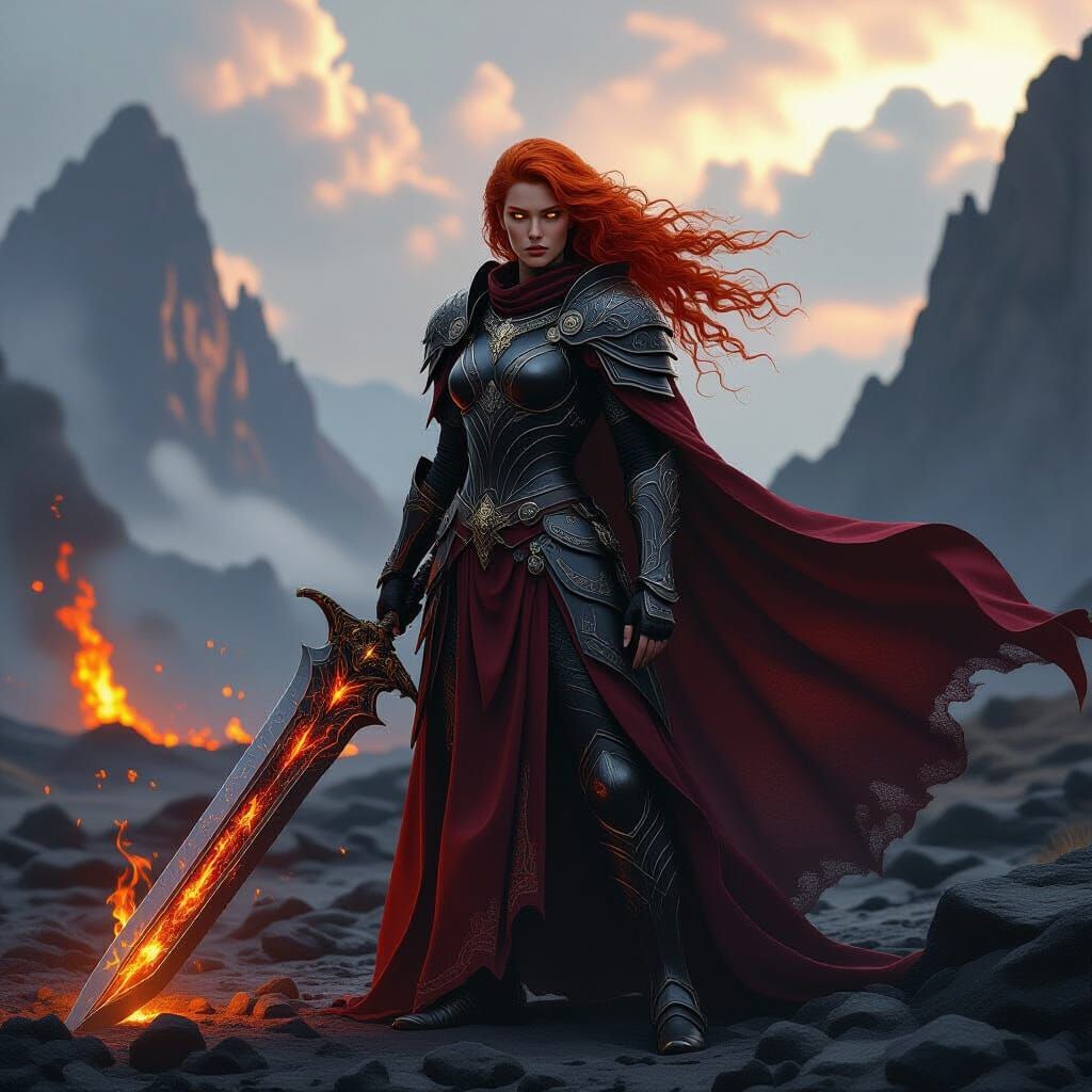 Fierce Dragon Rider Defending Kingdom in Volcanic Landscape