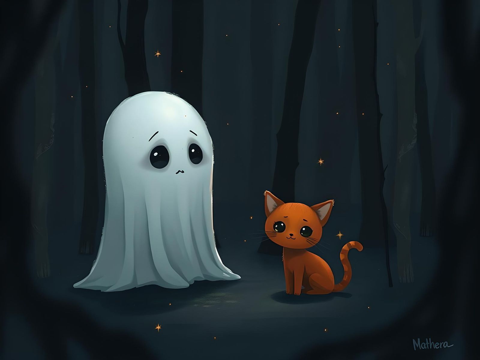 Ghost and Cat in Dark Forest: Matte Painting
