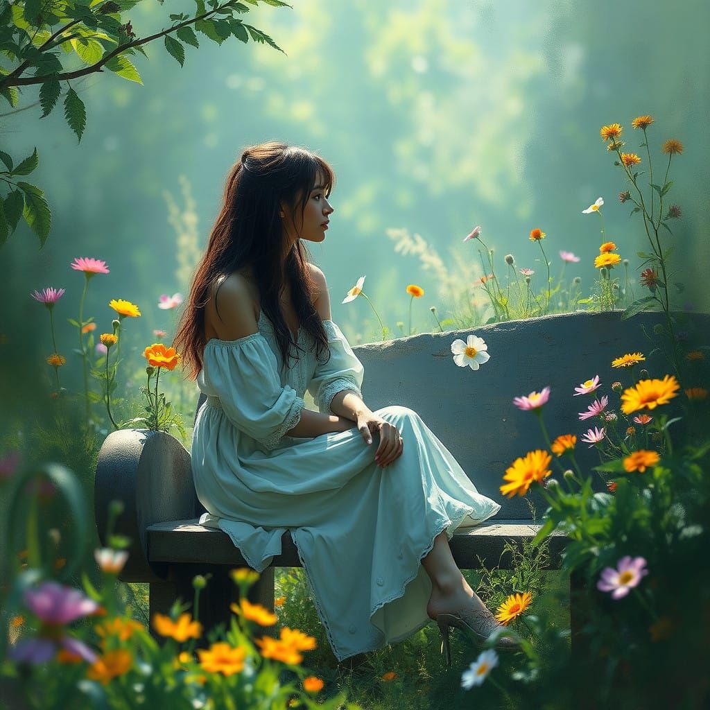 Enchanting Whimsy: Serene Woman in Lush Greenery