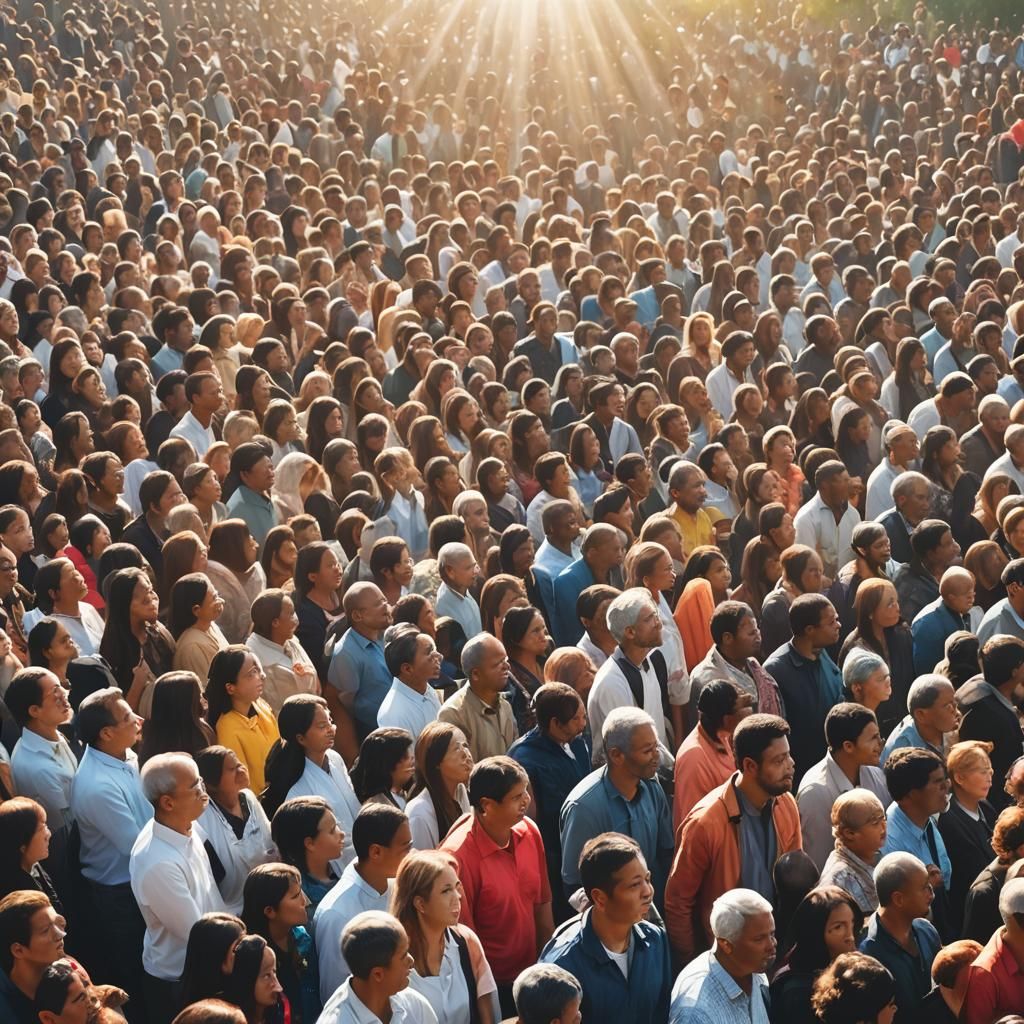 Diverse Crowd Worshipping Under Divine Light
