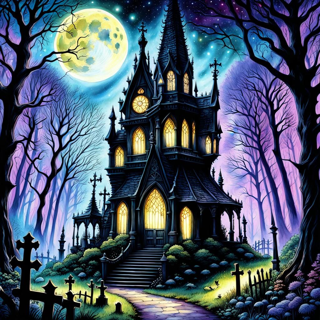 Gothic Horror Graveyard in Watercolor Style