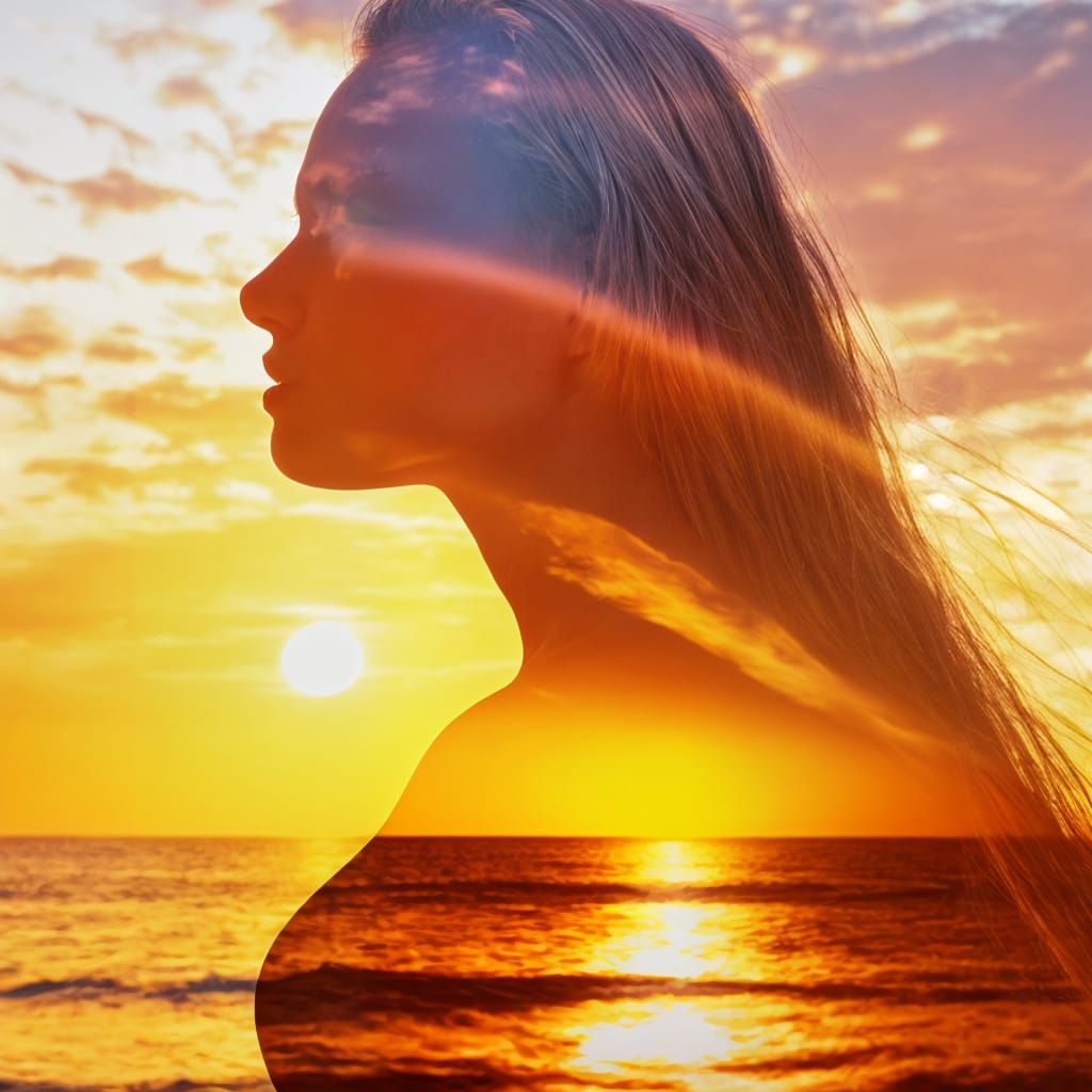 Sunset Beach Silhouette in Double Exposure