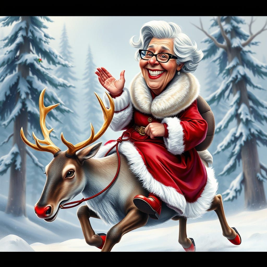 Cheerful Santa Lady Rides Reindeer Through Snowy Fantasy Lan...