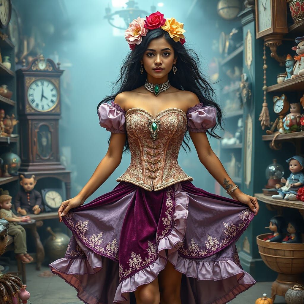 Steampunk Woman in Toy Shop Photo-Realistic Scene