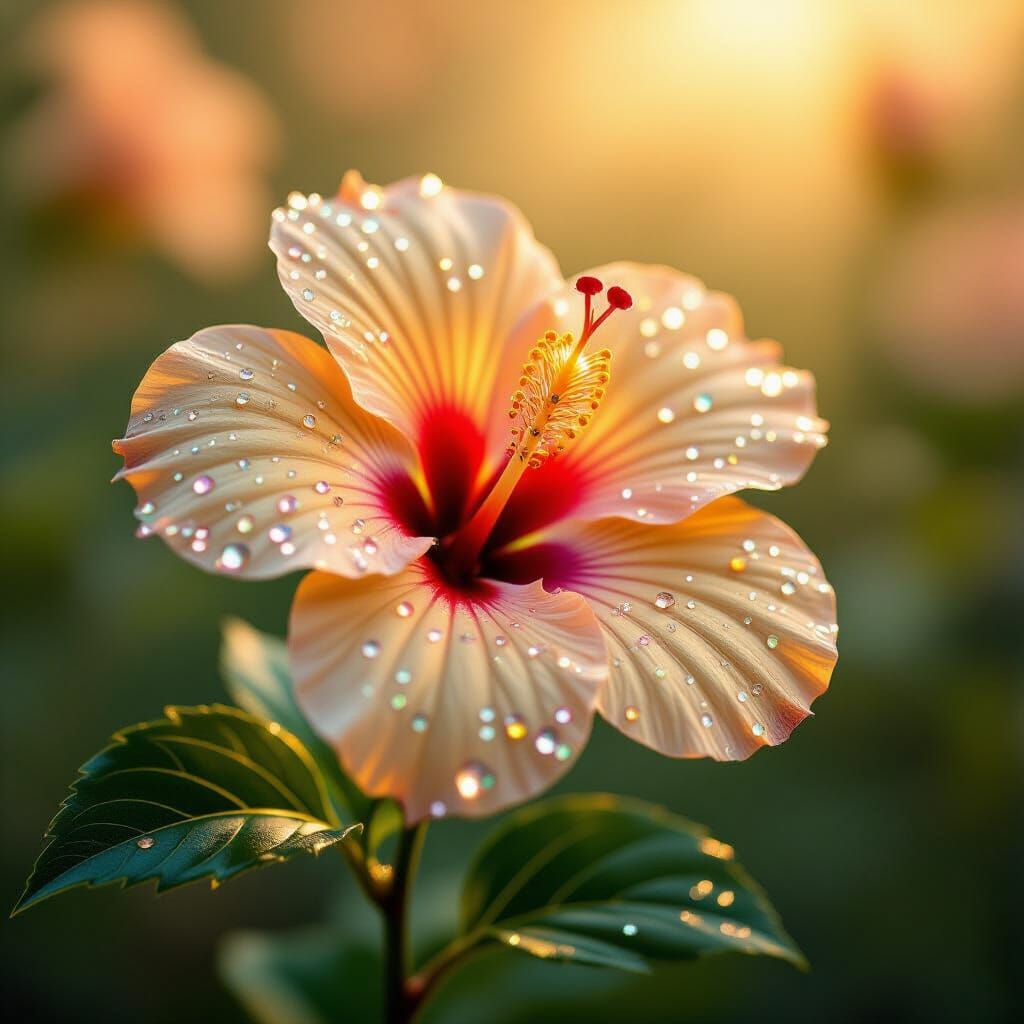 Gem-Covered Hibiscus with Crystalline Petals in Golden Hues