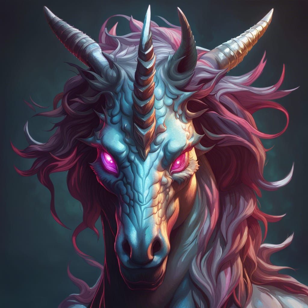 Demonic Unicorn Dragon Portrait in Hyperdetailed Style