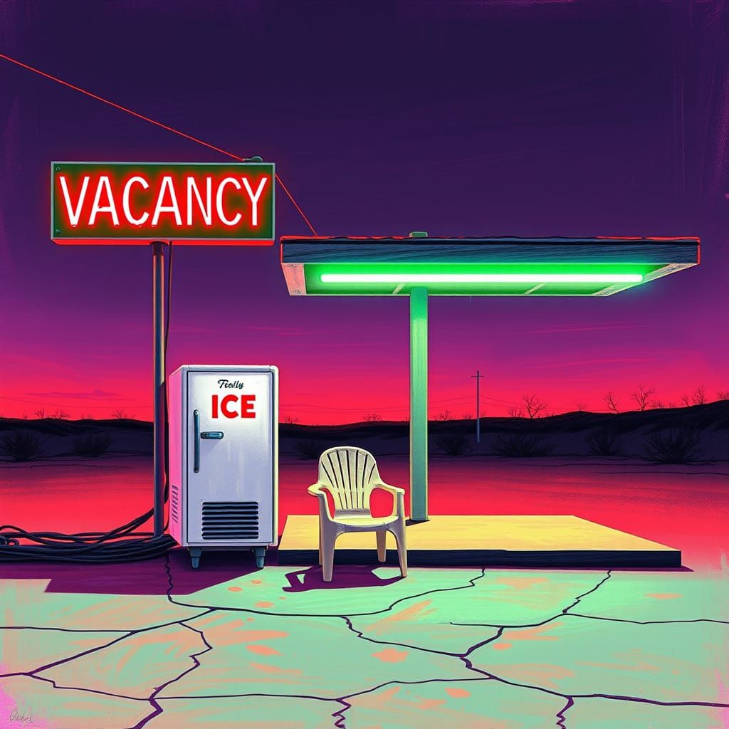 Retro Roadside Motel at Dusk in Neon Oil Pastel