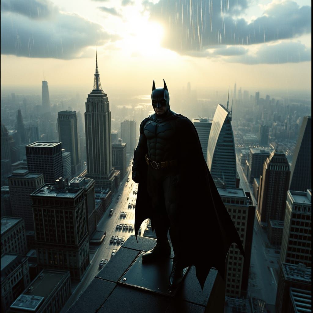 Gritty Live-Action Batman Silhouette Against Rainy Metropoli...