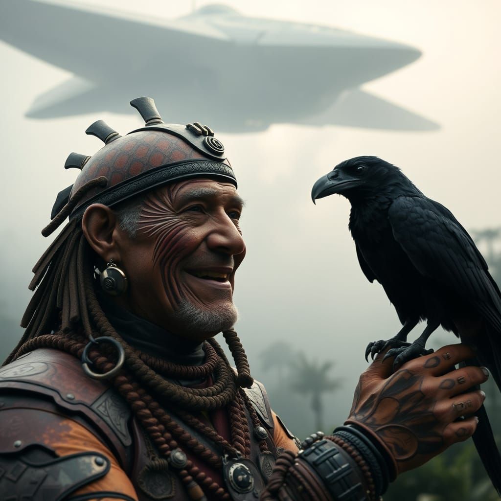 Aztec Elder with Raven in Cyberpunk Jungle