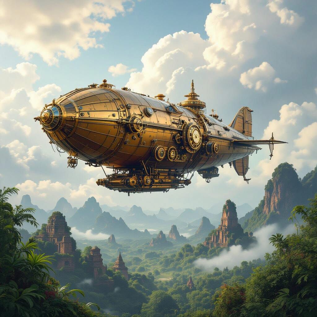 Steampunk Airship Over Jungle Ruins in Cinematic Style