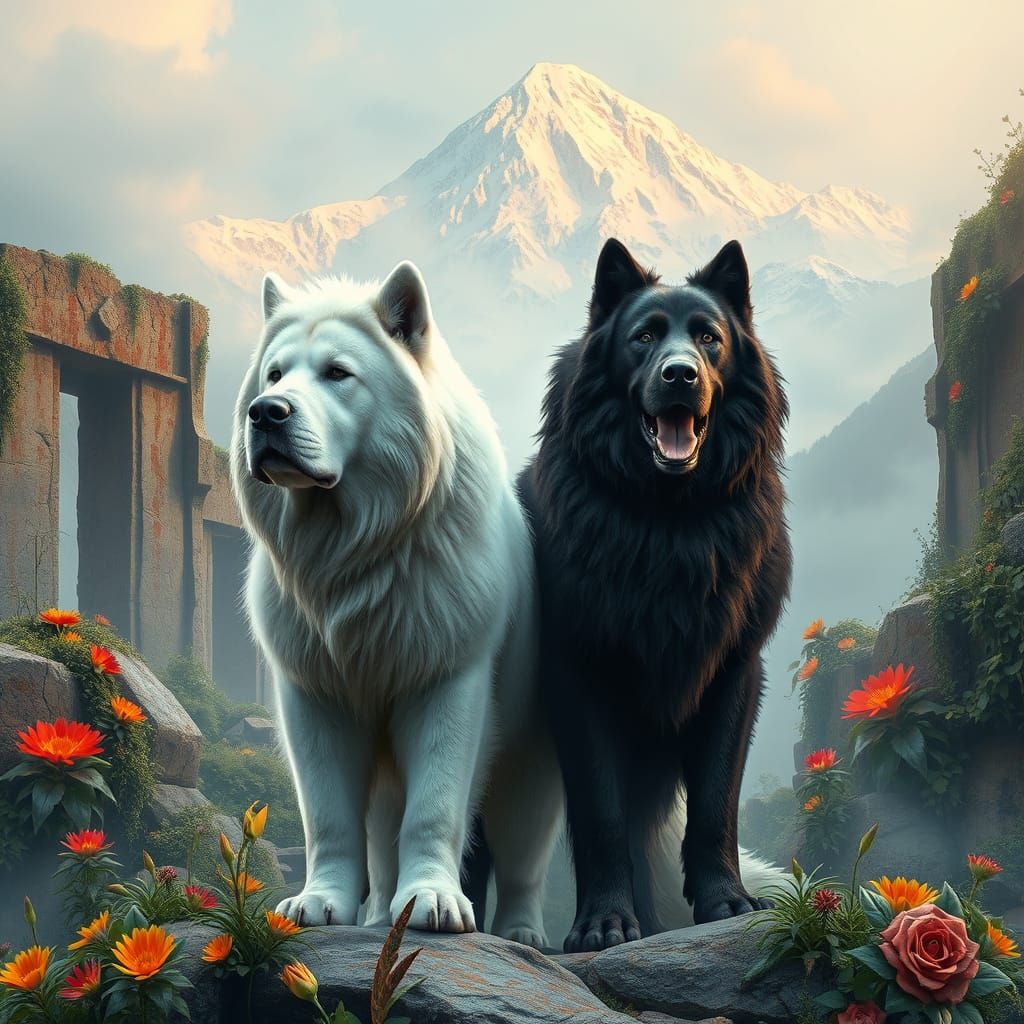 Majestic Himalayan Dogs in Ancient Ruins
