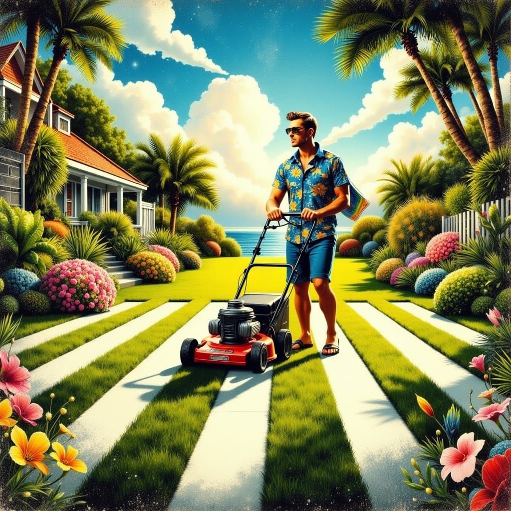Man Mowing Lawn in David Hockney Style